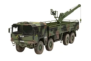 A 1/35 scale plastic model of a MAN 10T Milgl 8x8 military truck with a crane, painted in green, brown, and black camouflage with KFOR markings.