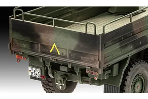 Close-up of the rear cargo bed and tailgate of a 1/35 scale Revell MAN 10T Milgl 8x8 military truck model, featuring camouflage paint and German license plate.