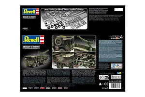 The back of a Revell MAN 10T Milgl 8x8 truck model kit box, showing plastic parts sprues, finished model photos, and product information.