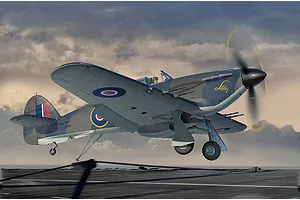 An artistic illustration of a Hawker Sea Hurricane Mk.IIC fighter plane landing on an aircraft carrier deck under a cloudy sky.