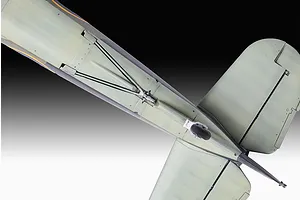 Close-up view of the underside of a scale model aircraft fuselage, showing the tail wheel assembly and panel lines.