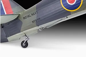 Close-up of the rear fuselage of a 1/32 scale Hawker Sea Hurricane model, showing Royal Navy markings, tail fin, and tail wheel assembly.