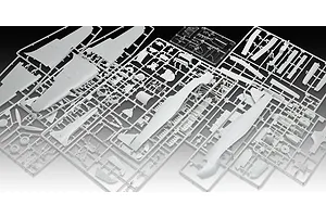Multiple grey plastic model kit sprues for a Hawker Sea Hurricane aircraft, including fuselage halves, wings, and a clear canopy part.