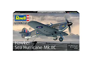 Revell 1/32 scale Hawker Sea Hurricane Mk.IIC plastic model kit box art showing the aircraft in flight over a carrier deck.