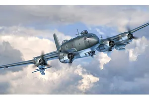 Digital illustration of a Focke-Wulf Fw 200 Condor bomber flying through a cloudy sky.