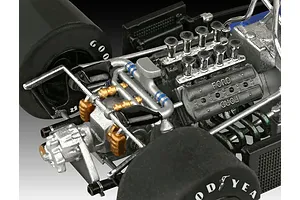 Close-up of a detailed scale model Ford engine and rear suspension assembly for a Tyrrell P34 Formula 1 car.