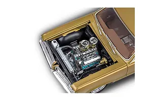 High-angle close-up of a gold 1964 Pontiac GTO model car with the hood open, revealing a detailed chrome engine bay.