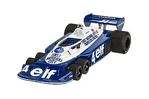 A fully assembled 1/32 scale model of the Tyrrell P34 six-wheeled Formula 1 race car in blue and white livery with Elf and First National City branding.
