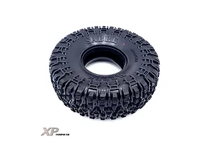 A single Reefs RC 1.9 inch Sabre XP compound black rubber RC crawler tyre viewed from an angle against a white background.