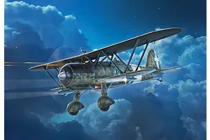 Box art illustration of a Fiat CR.42 CN Falco biplane flying through a night sky with clouds and searchlights.