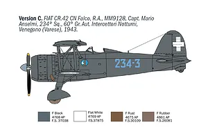 A digital profile view illustration of a Fiat CR.42 CN Falco biplane in dark grey livery with Italian markings, including a paint reference guide below.