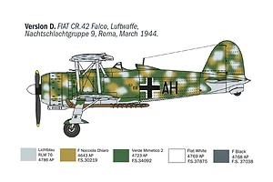 A side-profile illustration of a Fiat CR.42 Falco biplane in Luftwaffe camouflage, showing paint color swatches for the model kit.