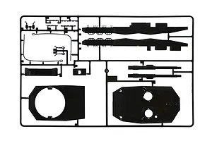 A black plastic sprue containing various parts for an Italeri 1/35 scale Leopard 2A4 tank model kit, including turret and hull components.