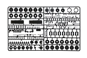 A black plastic sprue containing various parts for a 1/35 scale Leopard 2A4 tank model kit, including road wheels, sprockets, and small mechanical components.
