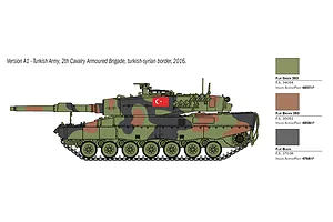A side-profile illustration of a Leopard 2A4 tank in Turkish Army camouflage, including a paint color guide for Italeri acrylic paints.