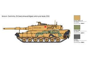 A side-profile technical illustration of a Leopard 2A4 tank in Turkish Army camouflage, showing paint color swatches for the model kit.