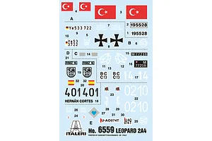 A decal sheet for an Italeri 1/35 Leopard 2A4 model kit, featuring various national flags, military markings, and identification numbers.