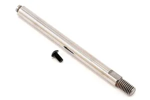A silver metal RC shock shaft and a small black screw on a white background.