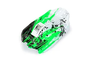 Pro-Line 1/14 Axis buggy body shell featuring a green, white, and black splatter paint design on a white background.