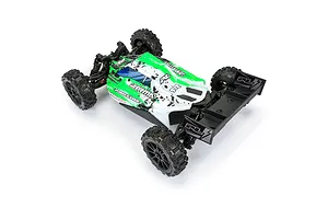 A 1/14 scale RC buggy with a green and white painted body shell featuring Pro-Line and Arrma branding, shown from a high-angle perspective.
