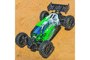 A 1/14 scale RC buggy with a green and white Pro-Line Axis body shell, featuring black splatter patterns, parked on a dirt surface.