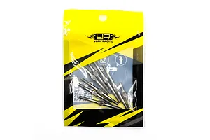 A set of silver metal turnbuckles in a yellow and black Yeah Racing branded plastic retail bag.