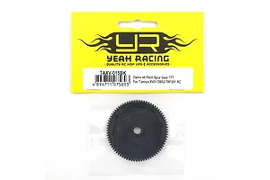 Yeah Racing 77T Delrin spur gear in original yellow and black packaging for Tamiya RC vehicles.