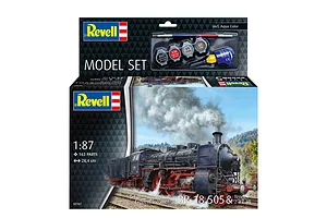 Revell 1/87 scale BR 18 505 Express Locomotive model kit box, featuring a steam train illustration and included paints, brush, and glue.