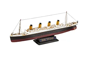 A fully assembled plastic model of the RMS Titanic on a black display stand against a white background.