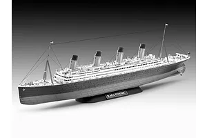 A completed plastic model of the R.M.S. Titanic mounted on a black display stand against a grey gradient background.