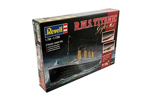 Revell R.M.S. Titanic Gift Set plastic model kit box showing 1/700 and 1/1200 scale ships, paints, brush, and glue.