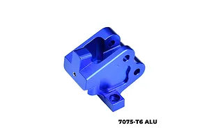 A blue anodized aluminium rear centre brace mount for an RC car, shown from a high angle against a white background.