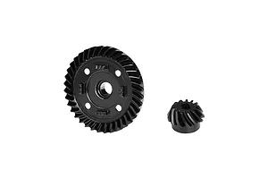 A black steel spiral differential ring gear and a matching pinion gear set against a white background.