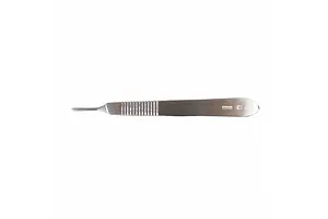 A stainless steel #3 scalpel handle on a plain white background, showing the textured grip and blade attachment point.