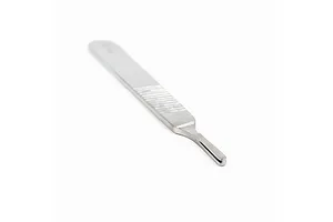 A stainless steel #3 scalpel handle shown at an angle against a white background.