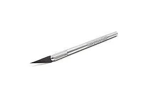 An Excel Tools K1 light duty hobby knife with a silver metal handle and a sharp, pointed black blade, isolated on a white background.