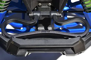 Close-up of an RPM front bumper mount installed on an RC vehicle chassis, featuring a black plastic bumper with the RPM logo molded into the center.