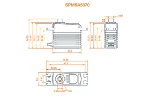Technical line drawing showing dimensions of the Spektrum SPMSA5070 servo from front, side, and top views.