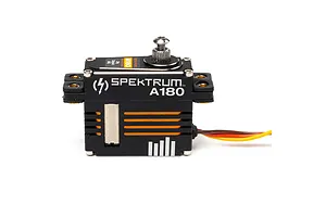 A Spektrum A180 mini digital high-voltage servo with a black aluminium case and orange heat sink fins, viewed from the side.
