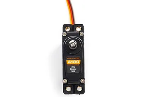 Top-down view of a Spektrum A180 digital metal-geared servo with a black casing and orange label against a white background.