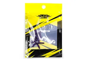 A pack of 10 purple anodized aluminium countersunk RC screws in a yellow and black Yeah Racing branded plastic bag.