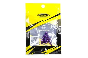A pack of ten purple anodized aluminium button head screws from Yeah Racing in their branded yellow and black packaging.