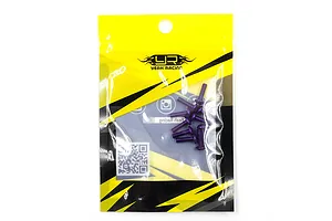 A pack of ten purple anodized aluminium button head screws from Yeah Racing in a yellow and black branded plastic bag.