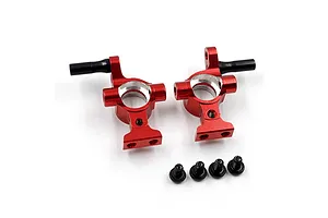 Two red anodized aluminium RC steering hubs with black pins and four small black screws on a white background.