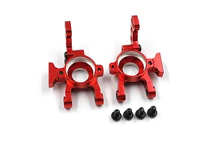 Two red anodized aluminium RC rear hubs with four small black mounting screws on a white background.