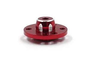 A red anodized aluminium spur gear mount for RC cars, featuring a circular base with mounting holes and a central hub with silver machined accents.