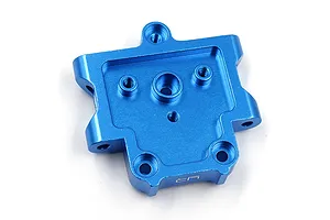A blue anodized aluminium front lower suspension mount for an RC car, featuring multiple screw holes and the Yeah Racing logo.