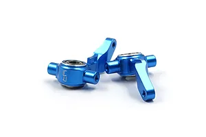 Two blue anodized aluminium RC steering hubs from Yeah Racing, featuring integrated ball bearings and laser-etched branding.