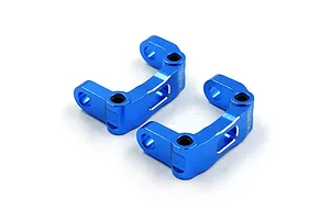 A pair of blue anodized aluminium C-hub carriers for RC cars, featuring machined edges and the Yeah Racing logo.