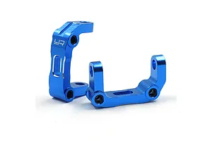 Two blue anodized aluminium C-hub carriers for RC cars by Yeah Racing, showing mounting holes and the YR logo.